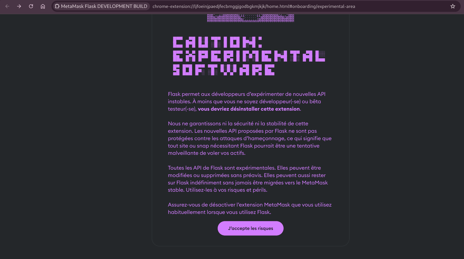 page d'installation metamask flask