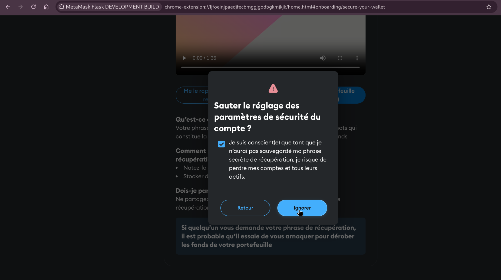 skip phrase de recup metamask flask